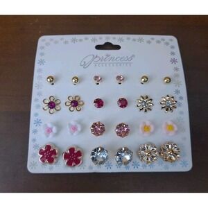 Princess Accessories 12 Pairs Stud Multicolor Flower Circle Shaped Earrings
